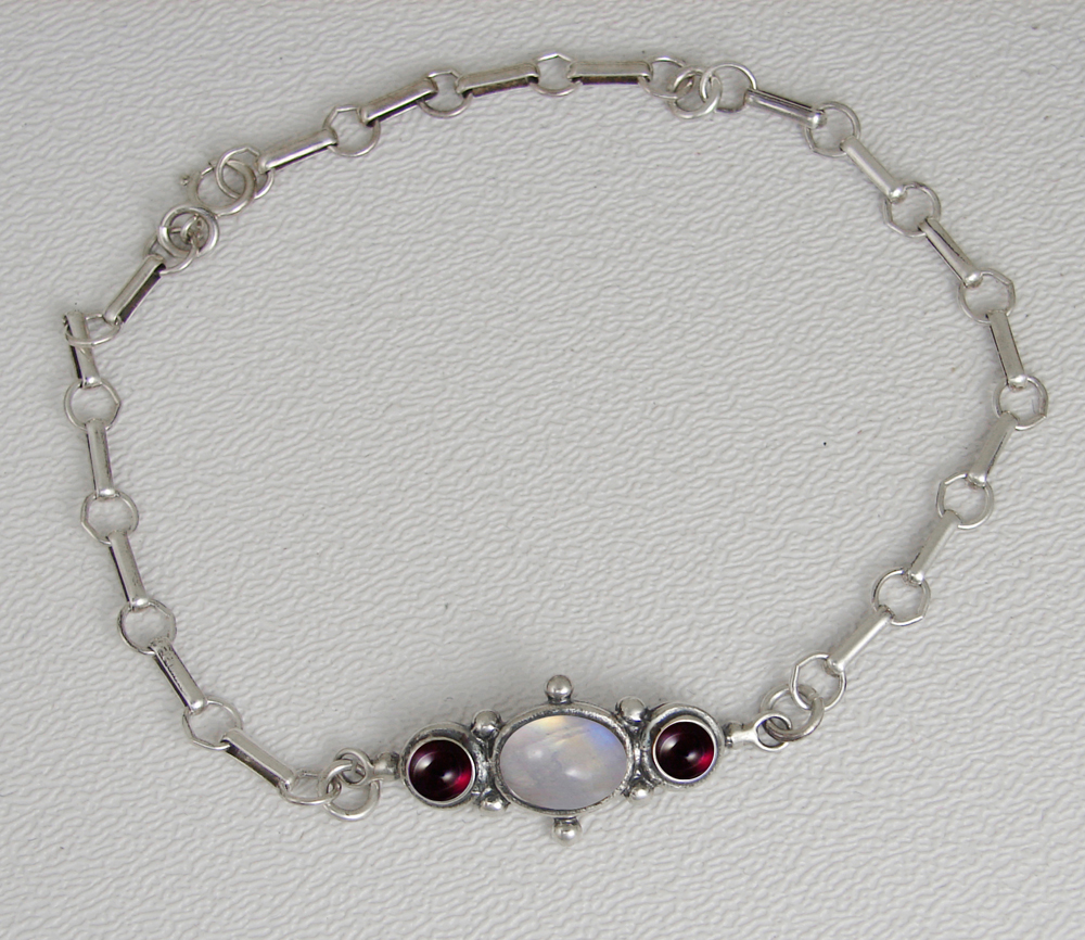 Sterling Silver Victorian Bracelet With Rainbow Moonstone And Garnet